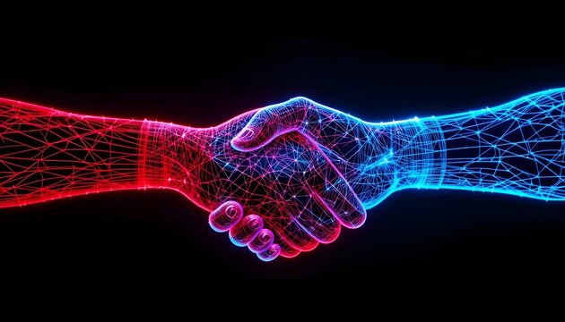 Futuristic Digital Handshake &ndash; Neon Red and Blue Wireframe Connection