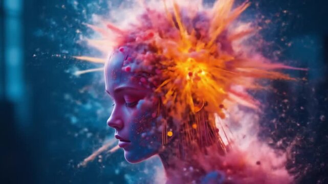 Abstract conceptual video of a woman's head with an exploding brain of colorful particles