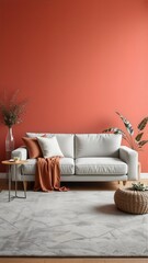Obraz premium Modern Living Room with White Sofa and Orange Wall
