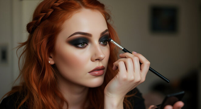 Woman with red hair applying eyeshadow with makeup brush showing braided hairstyle. Professional eye makeup application technique. Beauty content for makeup tutorials and cosmetic courses
