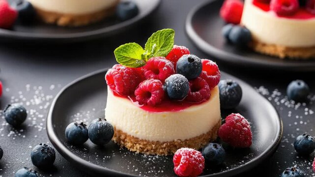 Delicious berry cheesecake on a black plate with whipped cream and blueberries