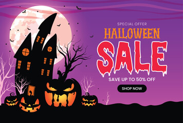 Scary Halloween sale banner with haunted house, glowing pumpkins, full moon, and bats on purple night. Perfect for seasonal advertising, online shops, and festive promotions.