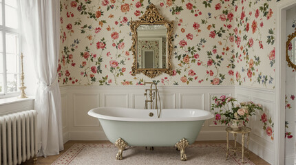 A serene bathroom features a pastel-green clawfoot tub, ornate gold mirror, and floral wallpaper.  White wainscoting and sheer curtains add to the elegant, romantic ambiance. 