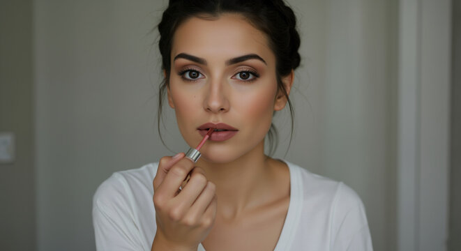 Woman with dark hair in bun applying pink lip gloss while wearing white shirt. Professional lip makeup application technique. Beauty content for makeup tutorials and cosmetic courses