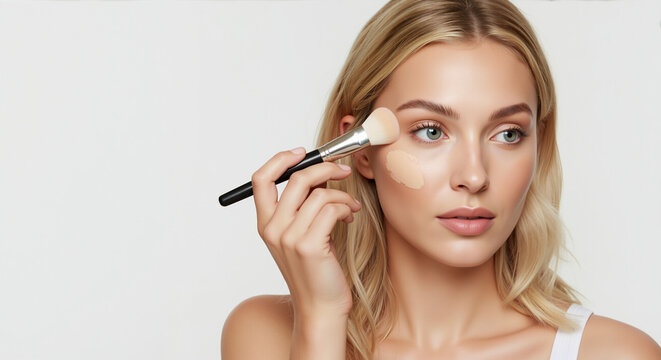 Blonde woman applying powder foundation with makeup brush on cheek. Beauty routine and face makeup application for skincare treatments and cosmetic procedures