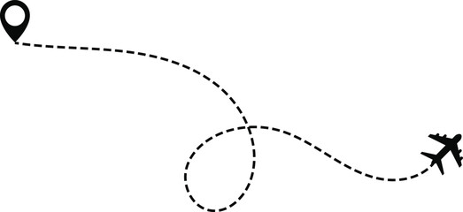 airplane with dotted flight path. dotted line airplane path .  flight route with start point.  travel and navigation designs. flying plane with twisted. curved and straight dashed

