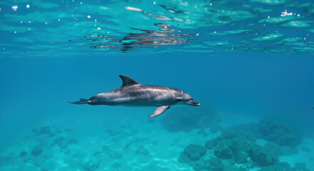 Dolphin swimming underwater in clear blue ocean water with sunlight rays. Marine mammal and aquatic wildlife for ocean conservation and nature education