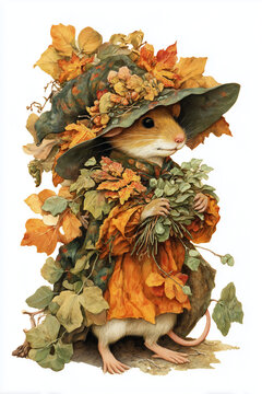 A mouse dressed in a green hat and orange coat decorated with orange autumn leaves as a forest fairy isolated on white