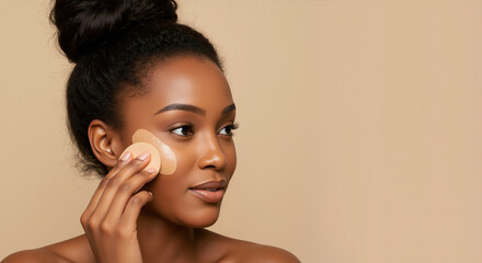 African american woman applying foundation cream on face with fingers. Skincare routine and cosmetic treatment for facial care and anti aging procedures
