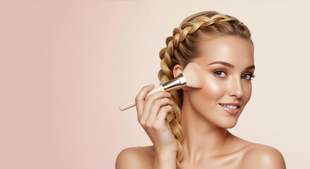 Woman with braided hair applying powder with makeup brush on cheek. Beauty routine and cosmetic application for facial treatments and contouring procedures