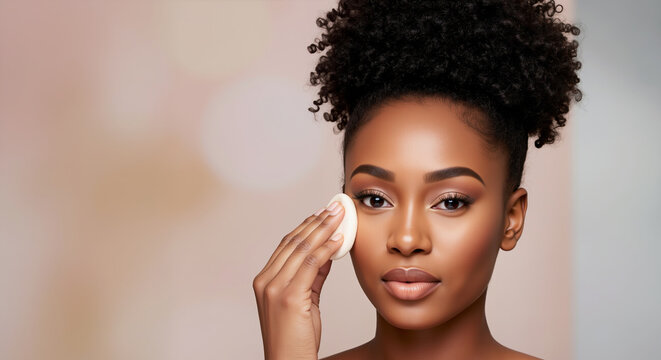 African american woman gently applying cotton pad to face during skincare routine. Daily facial cleansing and moisturizing process. Beauty treatments for anti-aging and acne prevention - Powered by Adobe