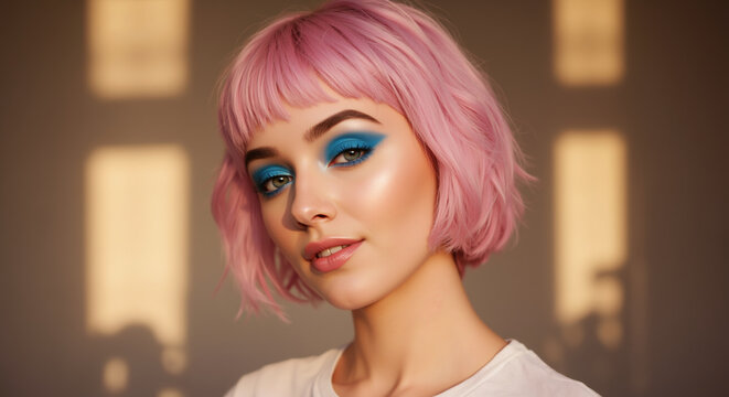Woman with pink bob haircut and blue eyeshadow showing creative makeup look. Artistic beauty styling with colorful hair and bold eye makeup. Creative content for hair salons and makeup artists