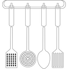 Black kitchen utensils hanging on a metal bar, transparent background Kitchen Utensil collection in Black and White