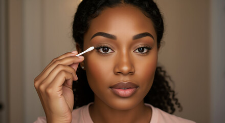 African american woman using cotton swab for precise eye makeup application. Professional makeup technique with cotton applicator. Beauty content for eye makeup tutorials and cosmetic courses