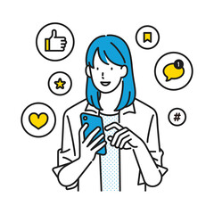 イラスト素材：スマホを見ながら、SNSから届く絵文字リアクションに反応している女性