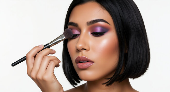 Woman applying purple eyeshadow with makeup brush. Creative eye makeup routine and colorful cosmetic application for beauty salon and artistic styling services
