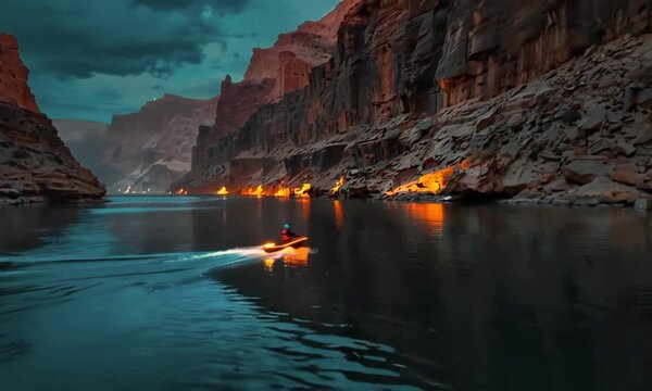 A boat navigating through a narrow canyon, surrounded by towering rock cliffs illuminated by warm lights. The scene is set in a canyon at dusk or nighttime, with the boat making its way