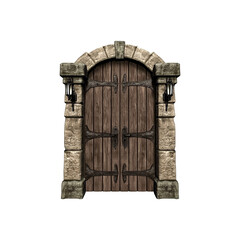 Medieval wooden door with stone arch and iron hinges, isolated on white background. Perfect for fantasy, castle, architecture, and historical design projects.