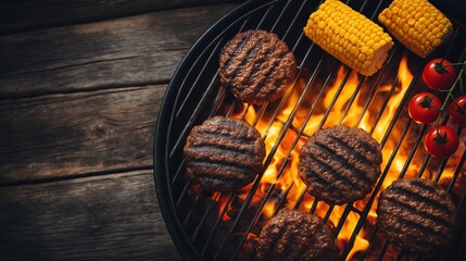 Perfectly grilled burgers and corn on a charcoal barbecue during summer cookout party.