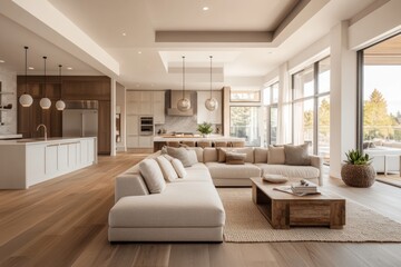 Interior shot of a spacious, modern home with open living and kitchen area, soft palette