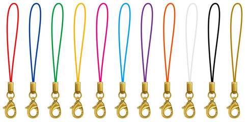 カニカン付き携帯松葉ストラップのゴールド金具のベクター素材イラストカラーバリエーションセット(Vector Set of Cell Phone Straps with Gold Lobster Clasp – Color Variations)