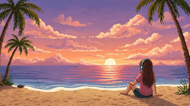 pixel art style character using headphone relaxing  on beach landscape in sunset view and clouds