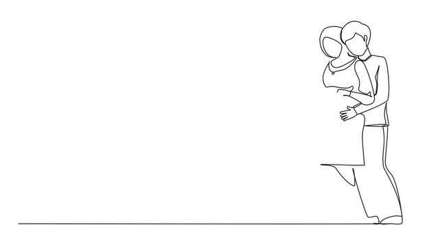 Animation of continuous one line drawing Arab pregnant woman and her husband holding baby shoes and hugging tummy. Pregnant woman holding baby shoes and husband touching her belly. Full length motion