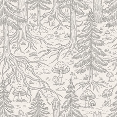 Enchanted Forest Pattern: Whimsical Woodland Scene with Mushrooms and Trees
