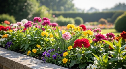 Obraz premium Colorful Flower Bed with Pink Yellow Red Purple Flowers in Garden