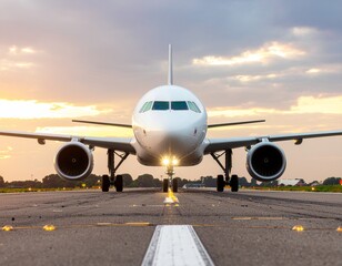 Obraz premium Front View of a Commercial Airplane on the Runway at Sunset Ready for Takeoff with a Dramatic Sky and Bright Landing Lights