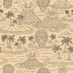 Tropical Island Seamless Pattern with Volcanoes, Tiki Masks, and Palm Trees
