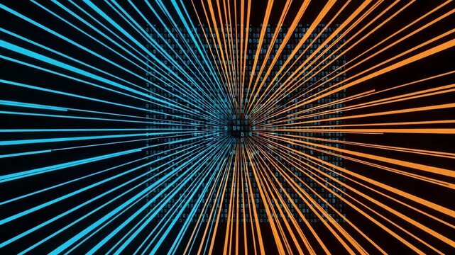 Abstract digital data streams in a futuristic binary code tunnel