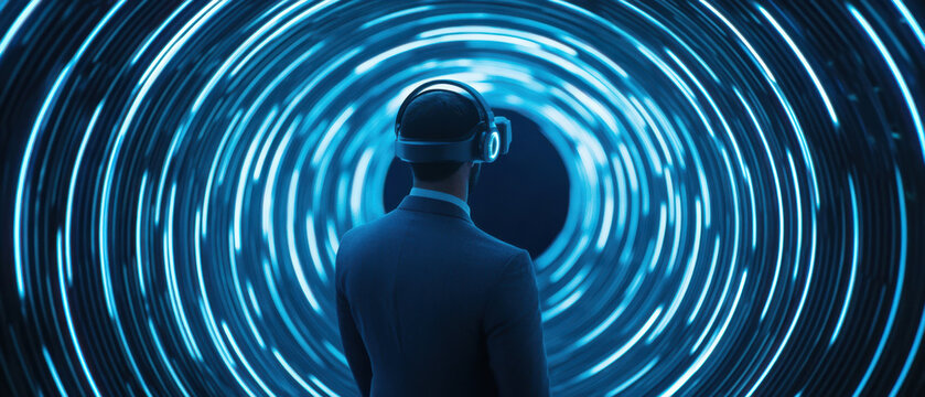 Man wearing virtual reality headset exploring futuristic digital tunnel with glowing blue light rings, immersive experience