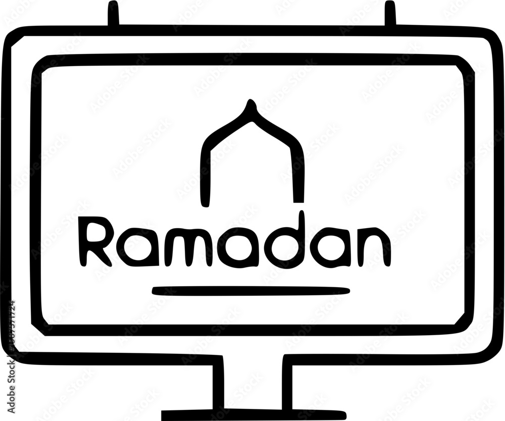 Fototapete a simple black and white graphic of a computer monitor displaying the word ramadan and a mosque symb
