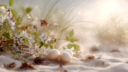 Delicate white spring flowers with purple centers bloom near three eggs nestled in sand with bokeh lighting