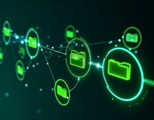 Abstract network of interconnected green folder icons on a dark background