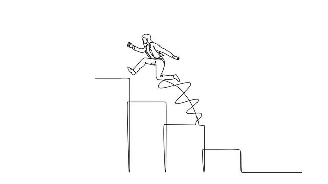 Animation of continuous one line drawing businesswoman jumping to success. Step to successful. Achieve trophy cup. Female run and go to their goal on stairs, way to achieve goal. Full length motion