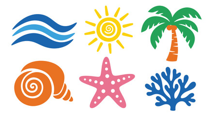 Summer Icons: A vibrant collection of essential summer icons, evoking the essence of sun-drenched days and coastal adventures. Featuring waves, sunshine, palm tree, seashell, starfish, and coral.