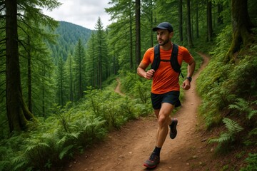 Obraz premium Trail runner traverses lush forest path on an invigorating morning workout