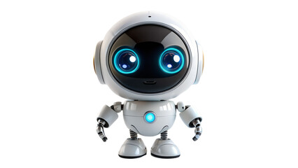 Cute White Robot Character with Glowing Blue Eyes and Lights on Transparent Background