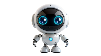 Cute White Robot Character with Glowing Blue Eyes and Lights on Transparent Background