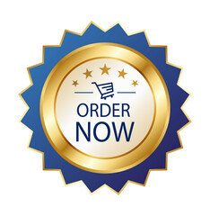 Order Now - E-commerce Emblem: A stunning gold-edged blue emblem, bearing the call to action Order Now, complete with a shopping cart icon and starry accents.