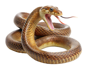 Aggressive brown snake with mouth open and tongue flicking isolated on transparent background