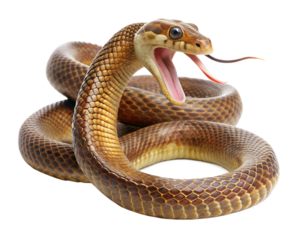 Aggressive brown snake with mouth open and tongue flicking isolated on transparent background