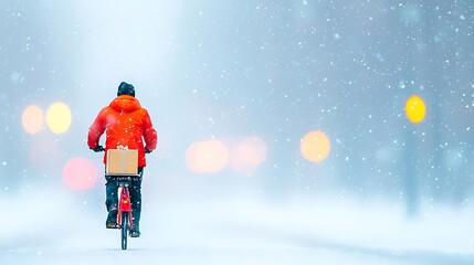Delivery person on bicycle with package during a snowy winter day
