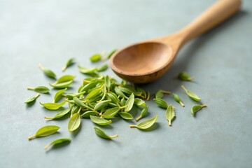 green tea in a wooden spoon