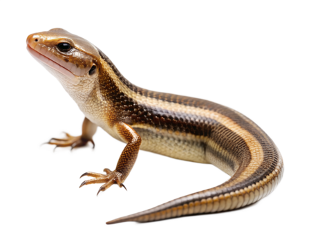 A detailed close up of a striped skink reptile isolated on transparent background