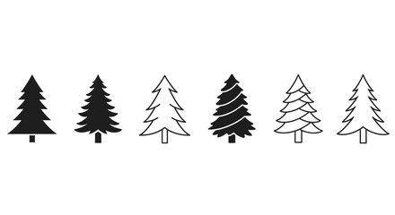 Obraz premium Evergreen Trio: A set of unique, clean and sharp fir tree shapes in various styles: solid, outline, and minimalist, for use in design.