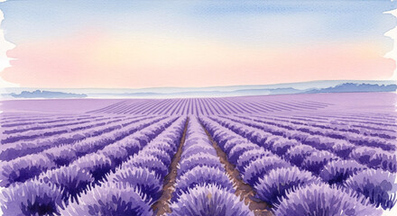 Obraz premium Watercolor Painting of a Lavender Field at Sunset Rows of Purple Flowers.
