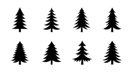 Fototapeta premium Evergreen Icons: A collection of stylized silhouettes of evergreen trees stands in perfect simplicity, creating a versatile design element to inspire creative concepts. 